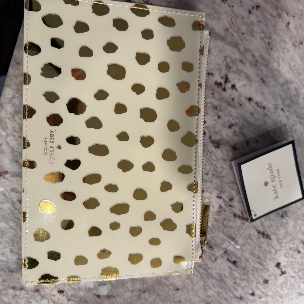 New kate spade Cream Pouch with Metallic Gold Spot Pattern